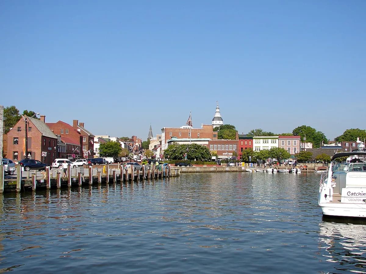 Dock Street waterfront with State House dome in Annapolis, Maryland