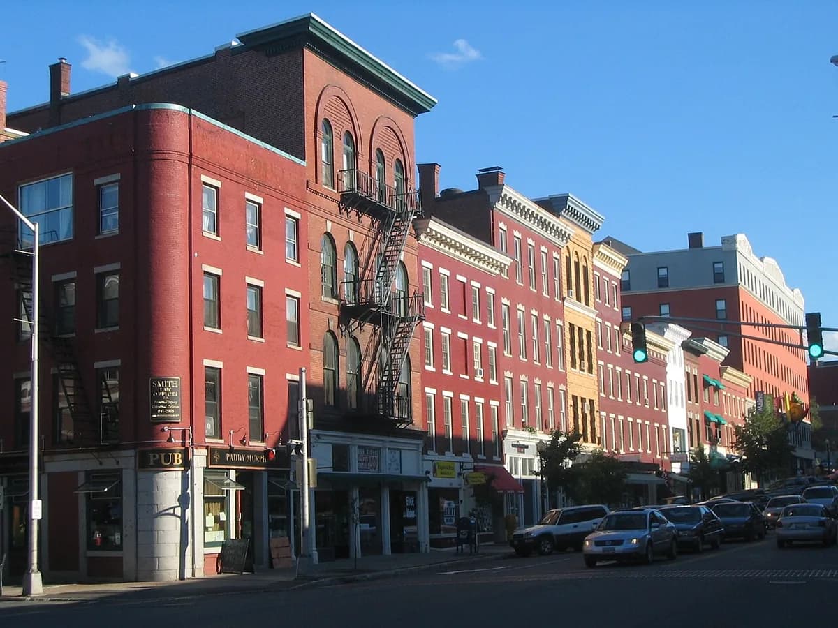Historic brick Lower Main Street in Bangor, Maine
