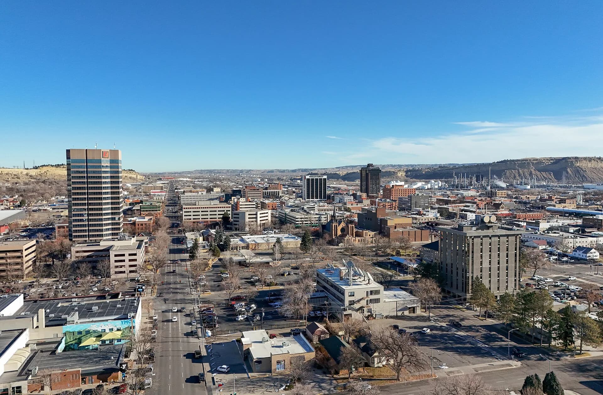 Wide downtown skyline with rims in Billings, Montana