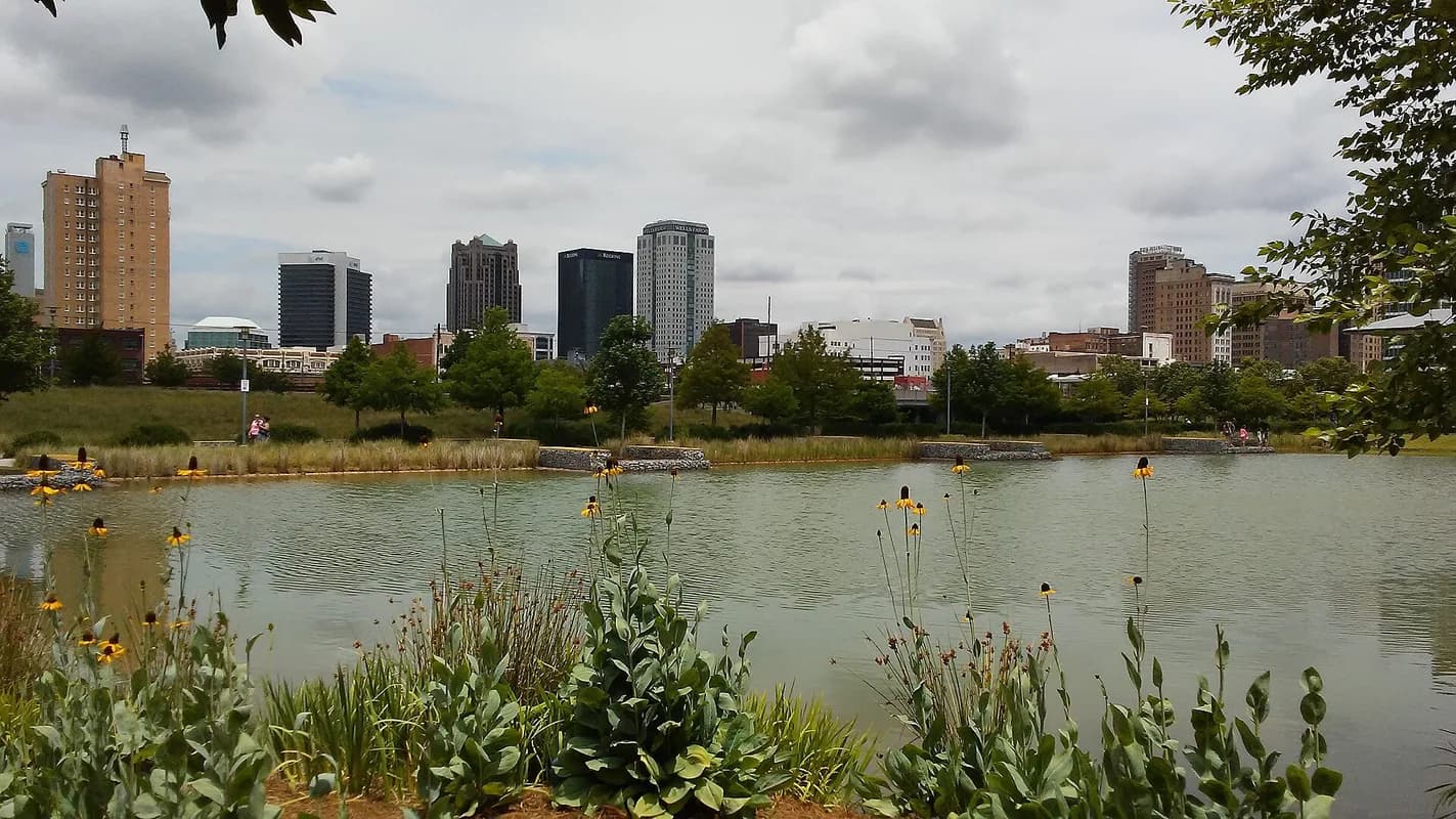 Railroad Park with skyline in Birmingham, Alabama