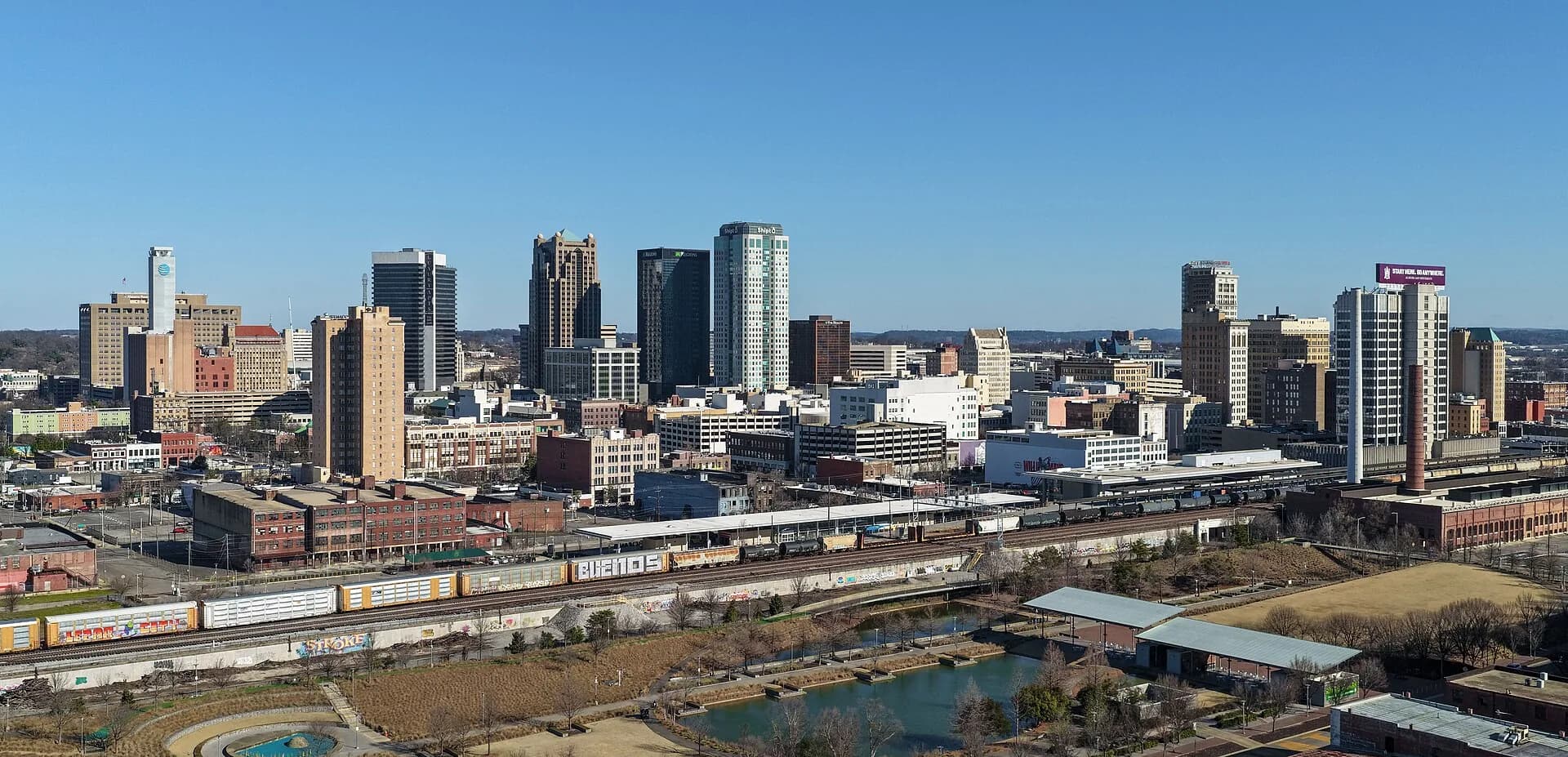 Wide downtown skyline in Birmingham, Alabama
