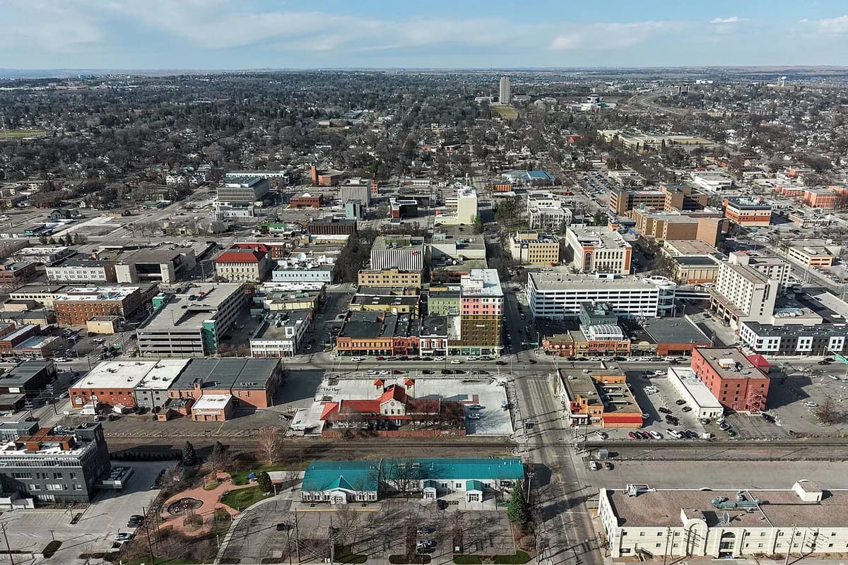 Colour oblique drone view over downtown in Bismarck, North Dakota