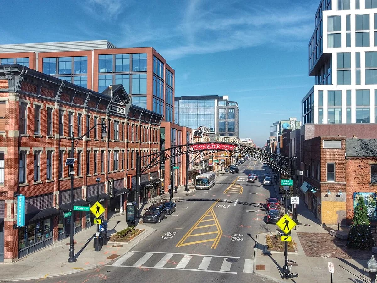 Downtown street scene with brick and modern buildings in Columbus, Ohio