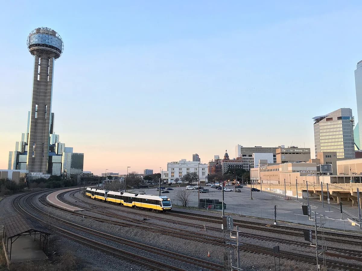 Reunion Tower and downtown with DART train in Dallas, Texas