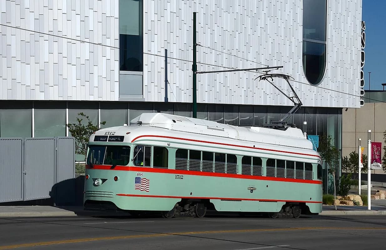 Heritage streetcar on downtown Santa Fe Street in El Paso, Texas