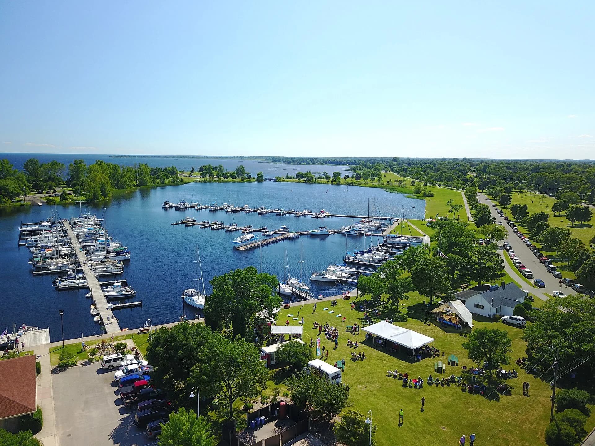 Harbor marina and waterfront park on Little Bay de Noc in Escanaba, Michigan