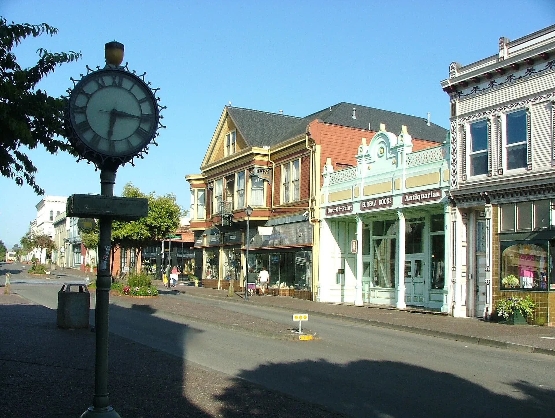 Old Town Victorian storefronts with street clock in Eureka, California