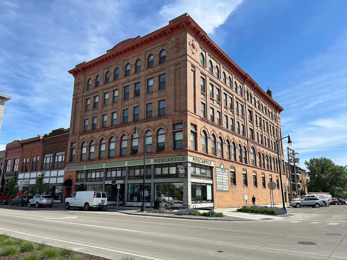 Historic DeLendrecie's building on downtown Fargo street in Fargo, North Dakota