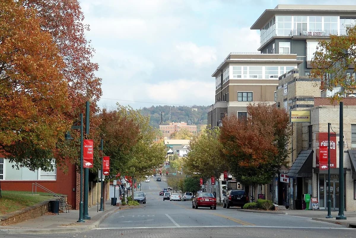 Dickson Street downtown in the fall in Fayetteville, Arkansas