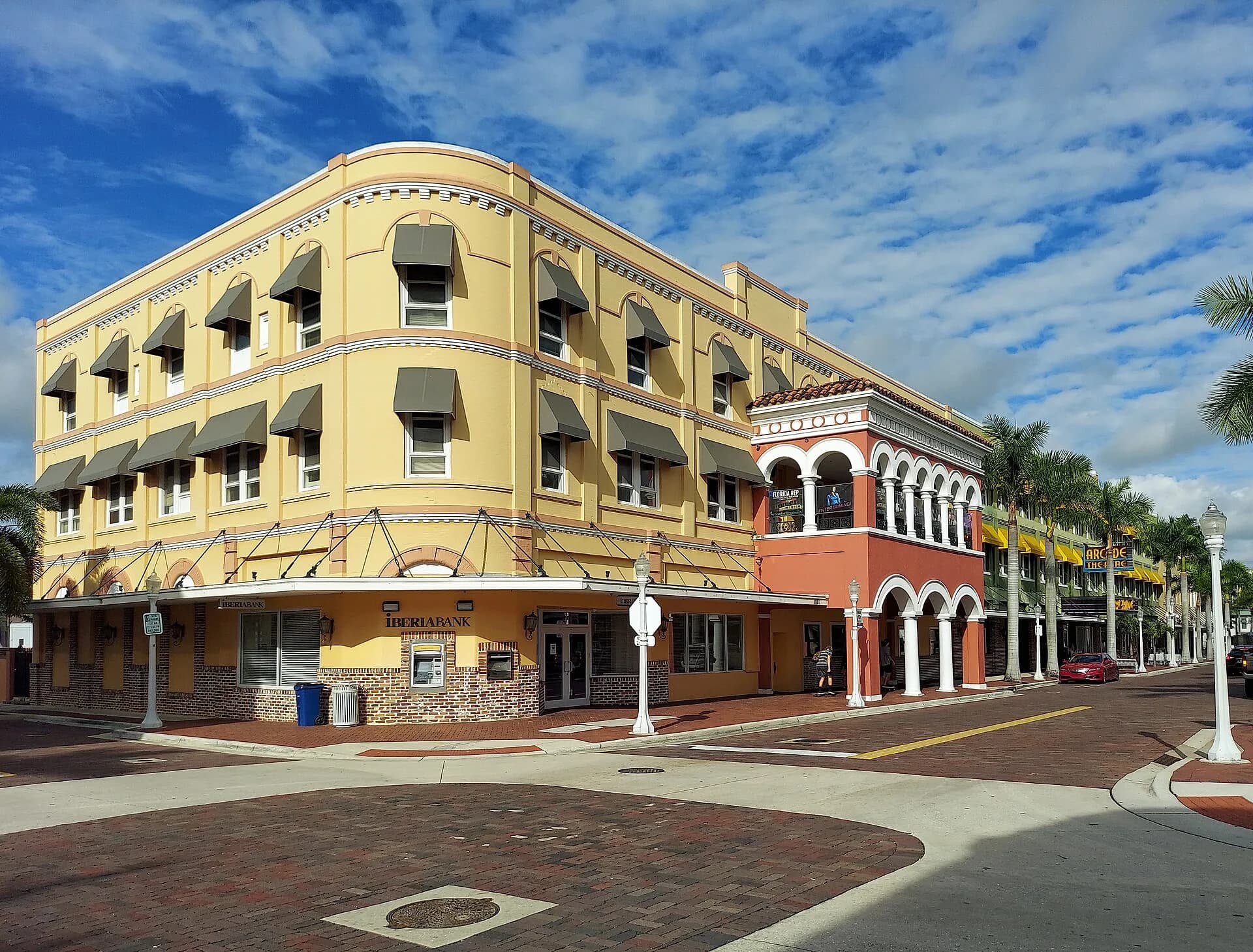 Bradford Block on downtown brick-street corner in Fort Myers, Florida