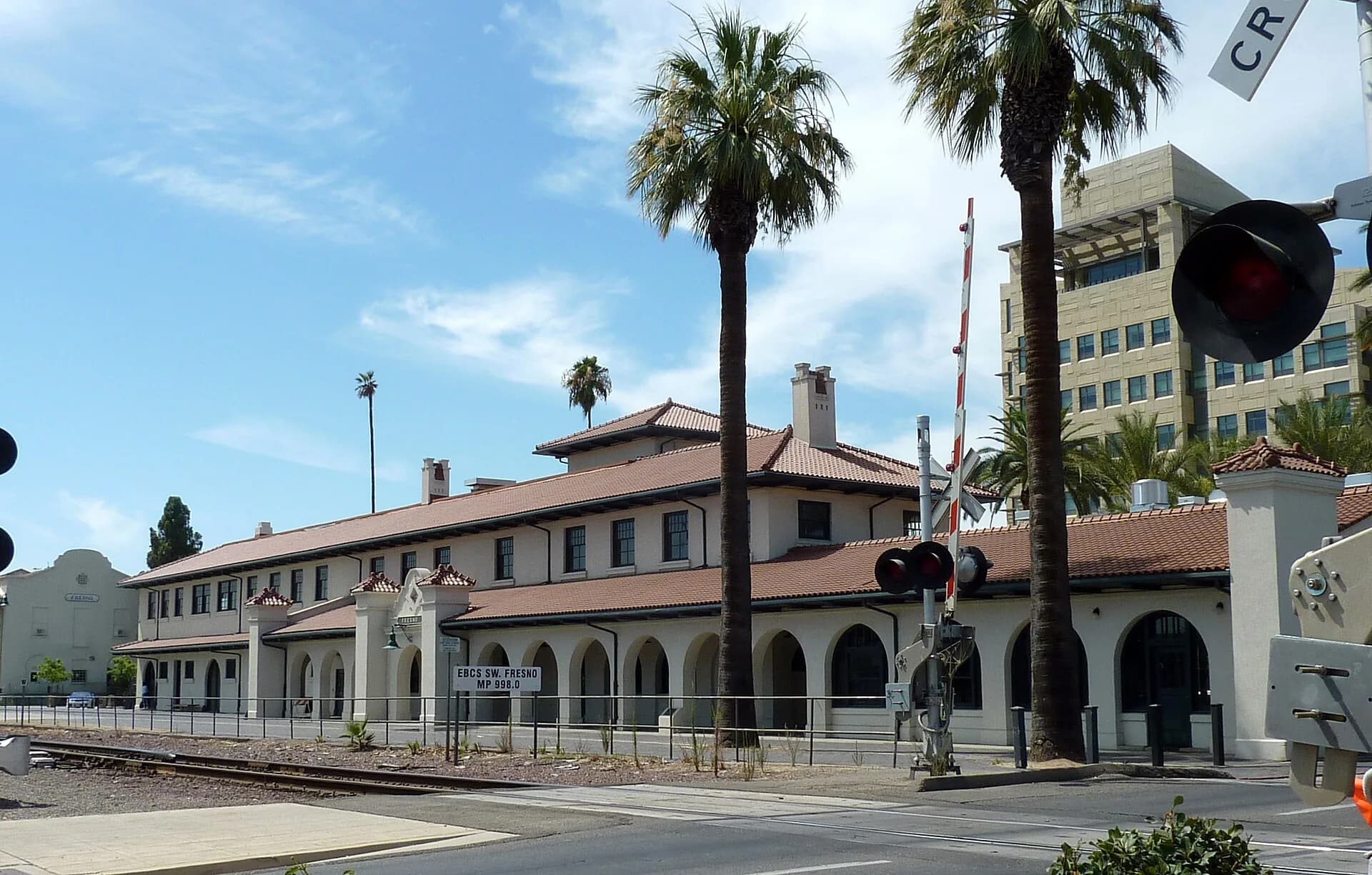 Santa Fe station with palms in Fresno, California