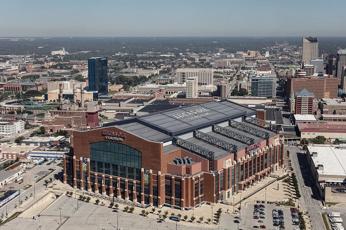 Elevated view of downtown with Lucas Oil Stadium in Indianapolis, Indiana