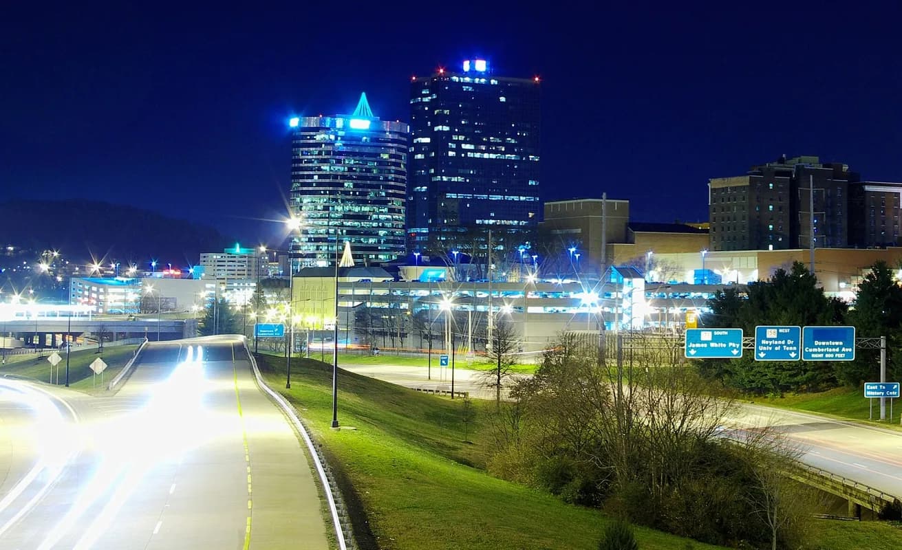 Downtown skyline at night from Hall of Fame Drive in Knoxville, Tennessee