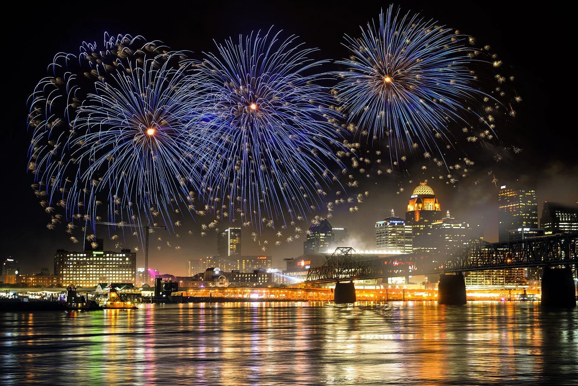 Skyline over Ohio River with fireworks in Louisville, Kentucky
