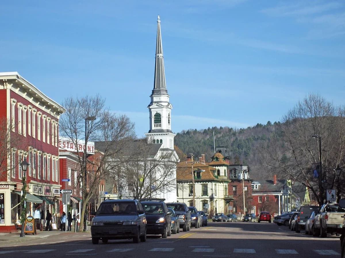 Main Street with church steeple in Montpelier, Vermont