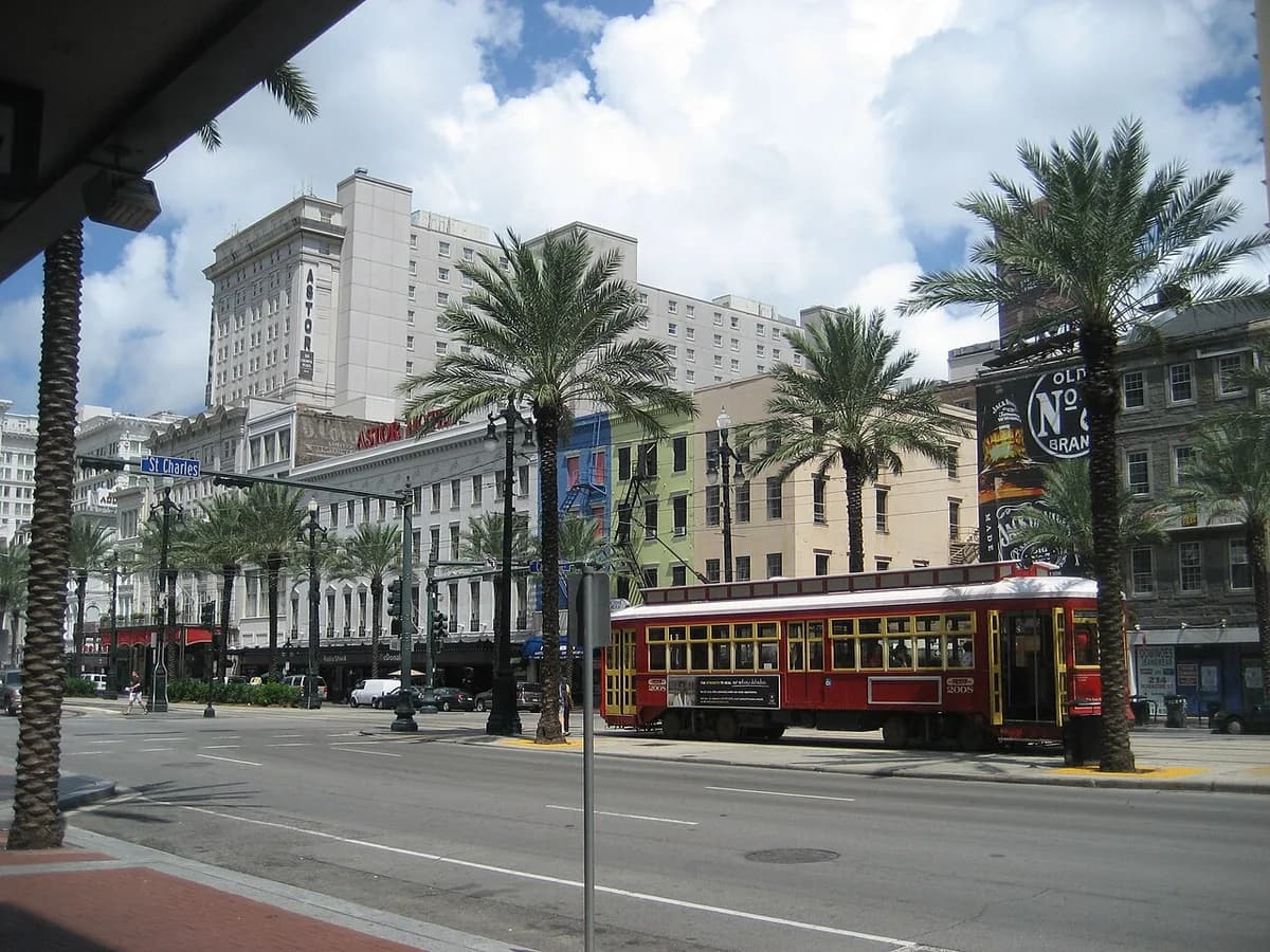 Canal Street with streetcar and palms in New Orleans, Louisiana
