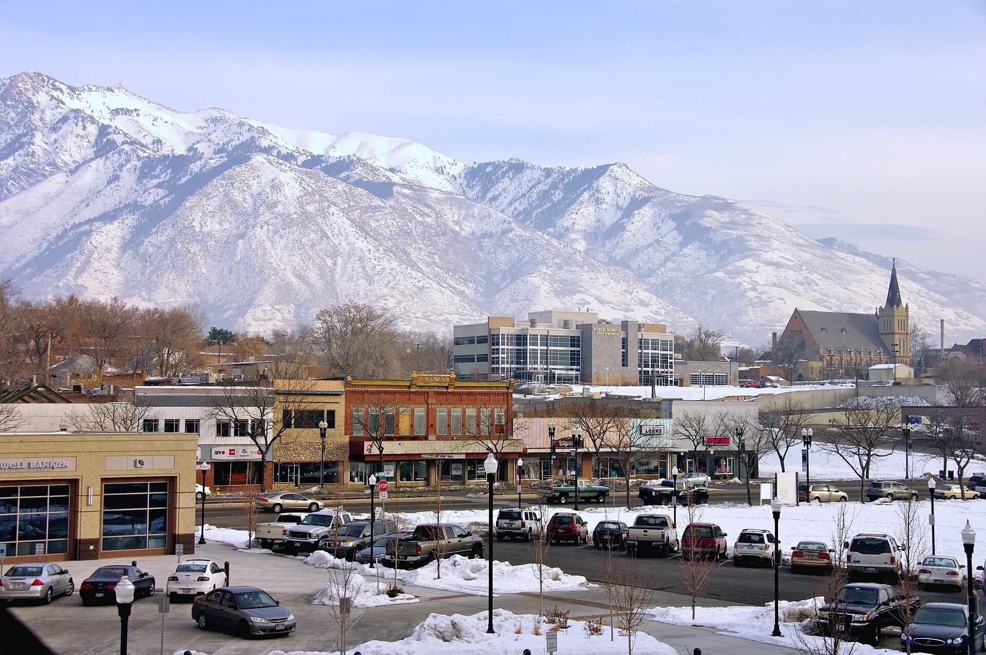 Downtown with Wasatch mountains behind in Ogden, Utah