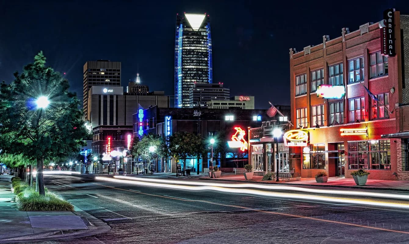 Automobile Alley at dusk with Devon Tower in Oklahoma City, Oklahoma