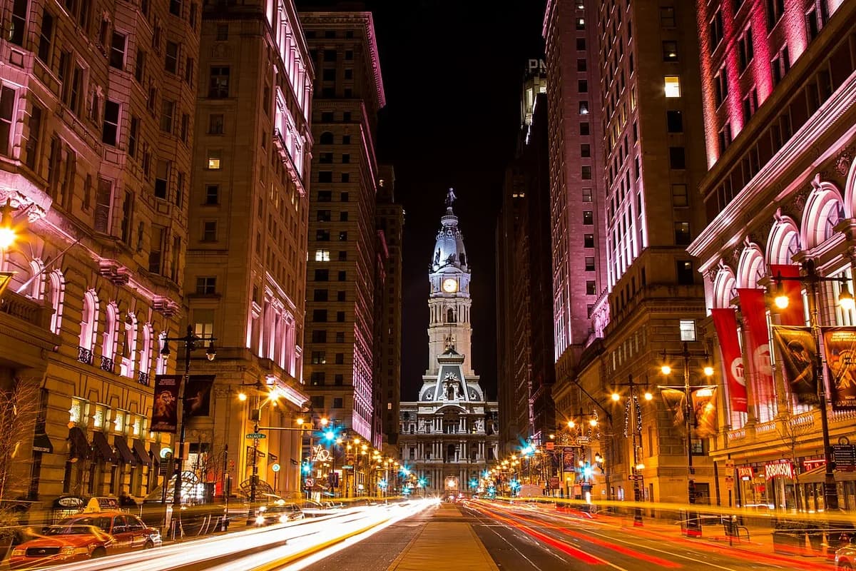 Broad Street toward City Hall at night in Philadelphia, Pennsylvania