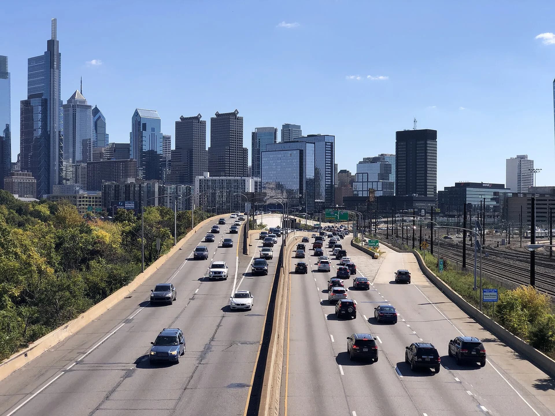 Wide Center City skyline over expressway in Philadelphia, Pennsylvania