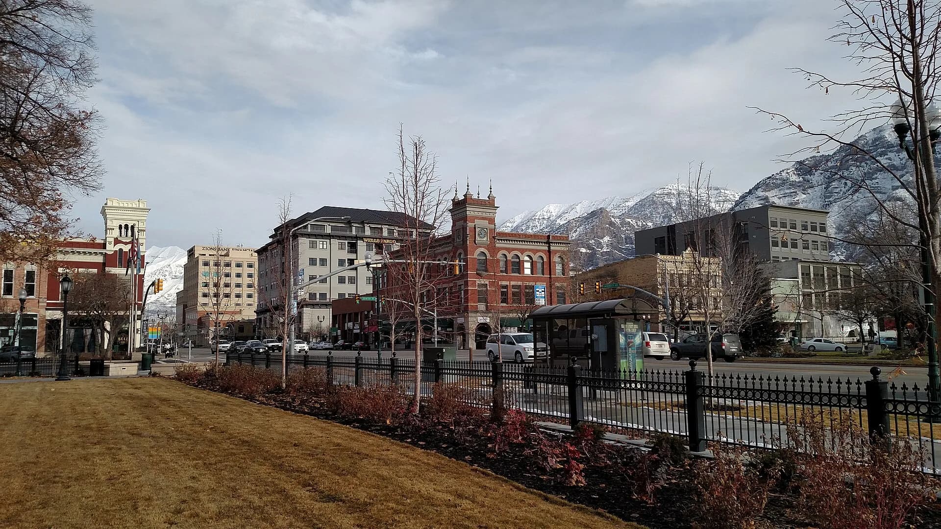 Downtown Provo street with mountains in Provo, Utah