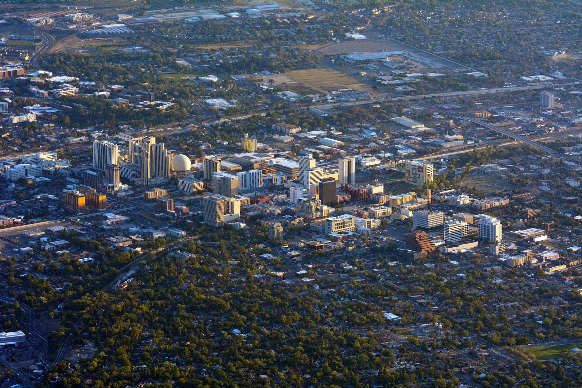 Wide elevated view of downtown Reno in Reno, Nevada