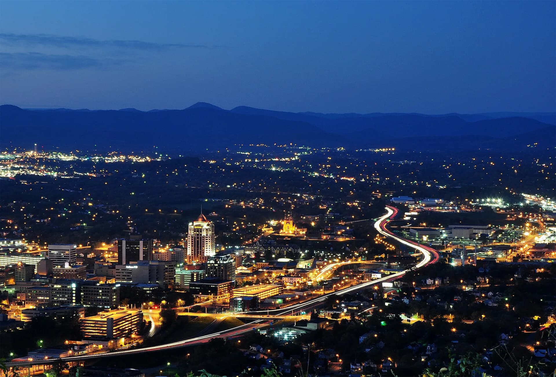 City at dusk from Mill Mountain in Roanoke, Virginia