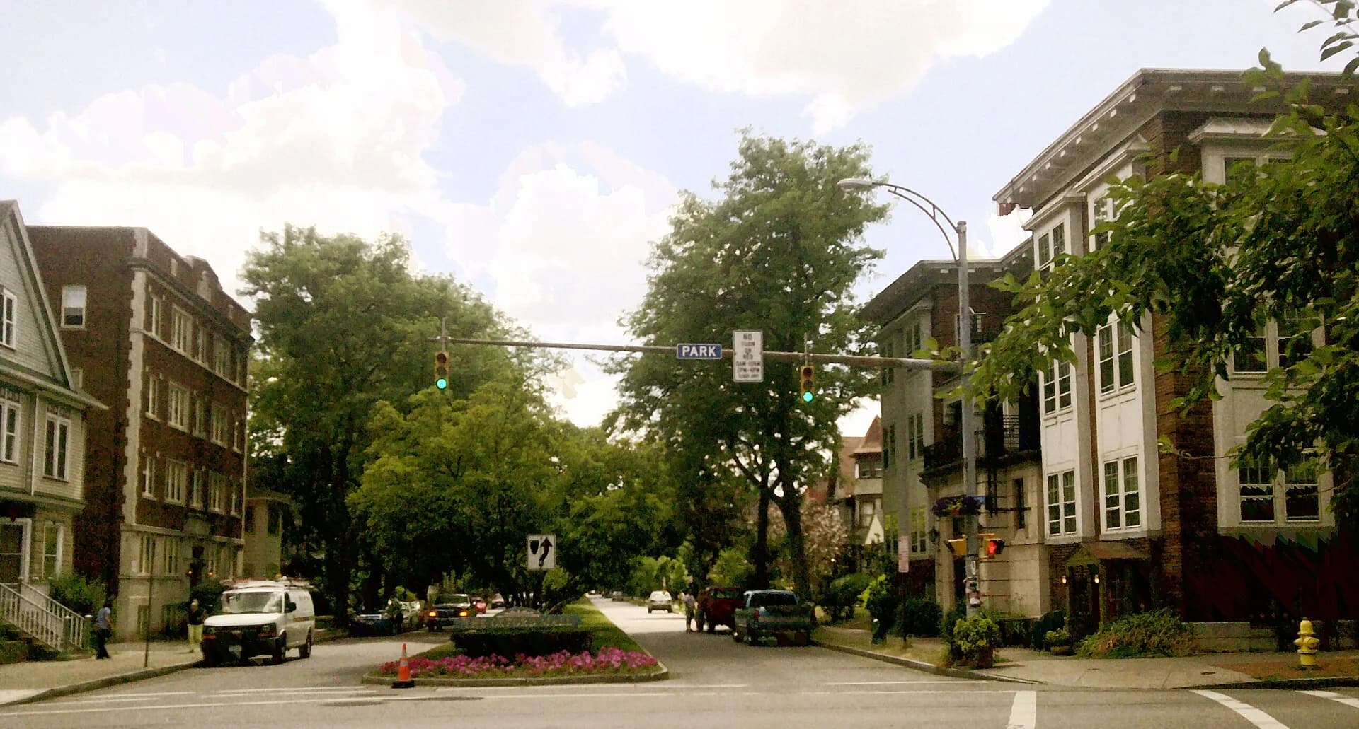 Wide street scene in Park Avenue area in Rochester, New York