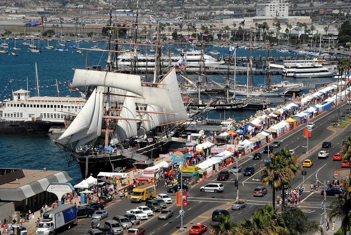 Embarcadero waterfront with tall ships in San Diego, California
