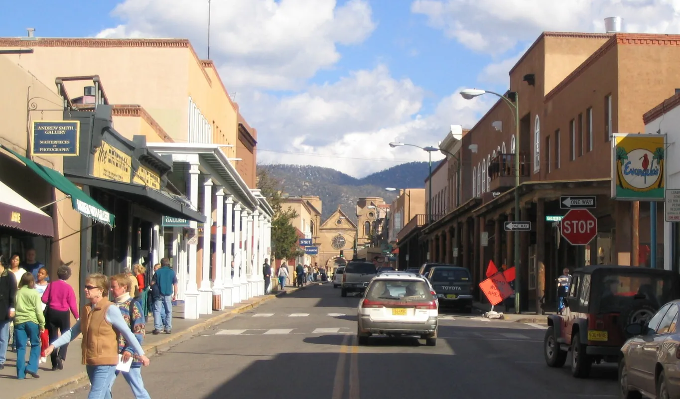 Downtown street toward cathedral in Santa Fe, New Mexico