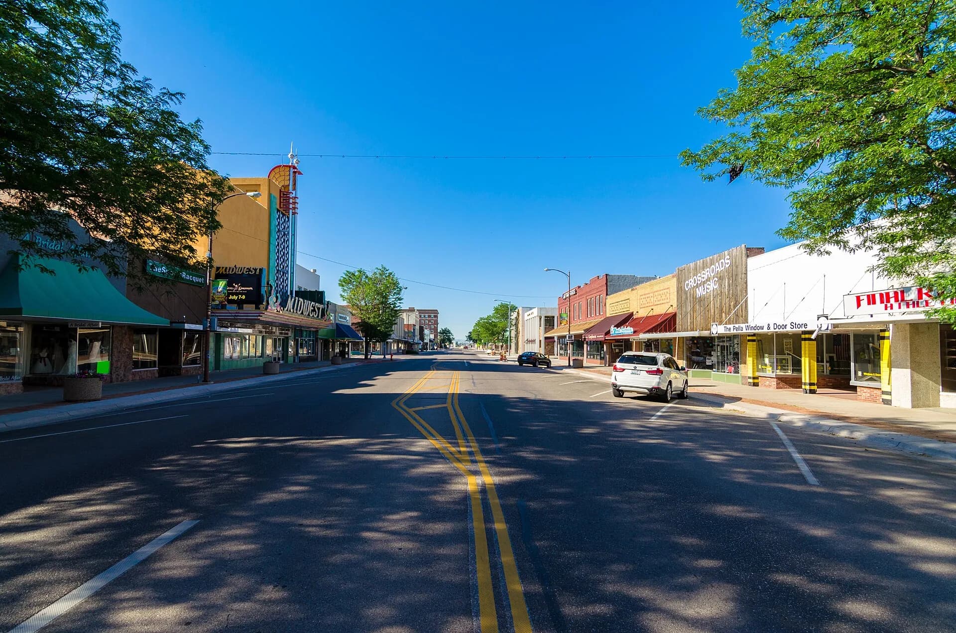 Downtown main street with storefronts in Scottsbluff, Nebraska