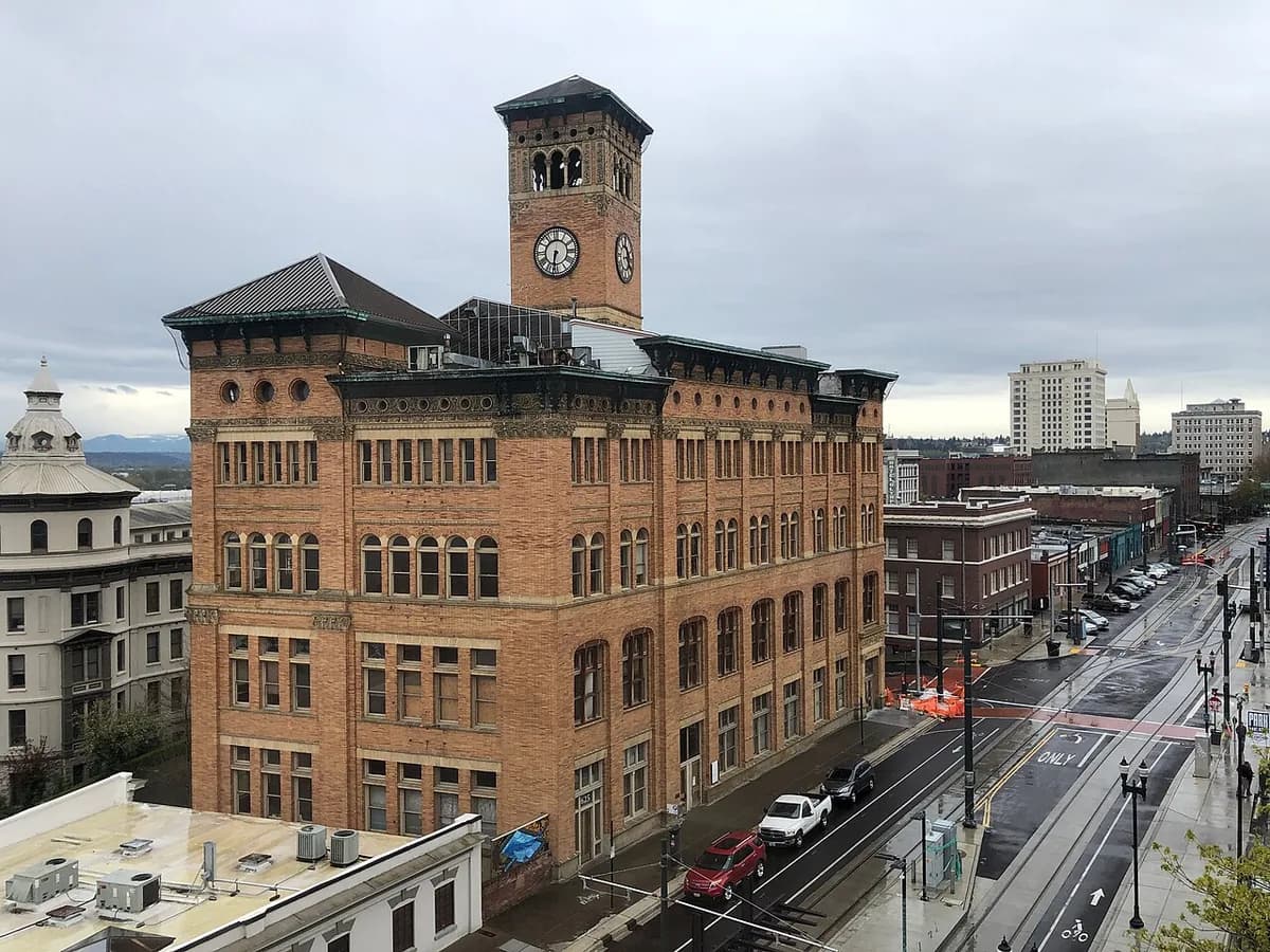Old City Hall clock tower with downtown street in Tacoma, Washington