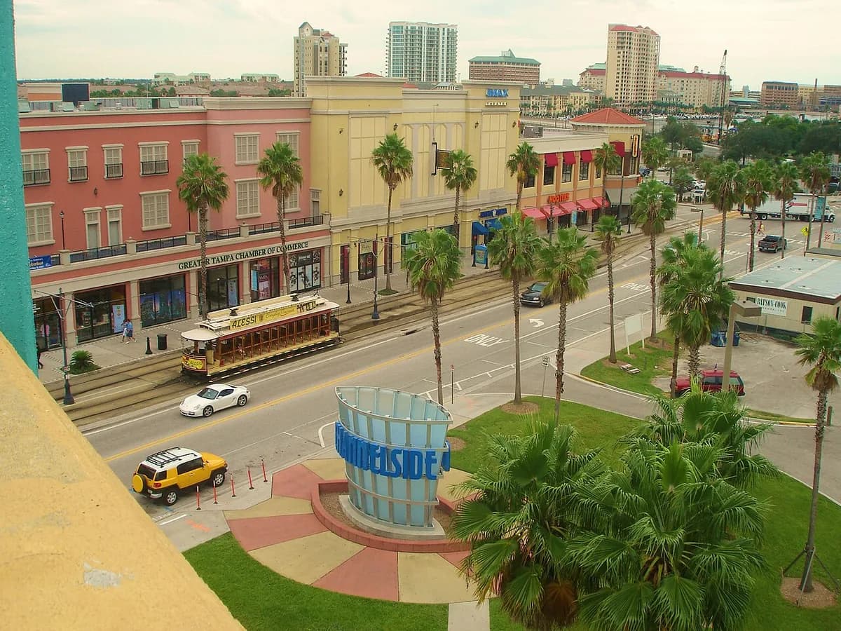 Channelside streetcar and plaza with downtown towers in Tampa, Florida