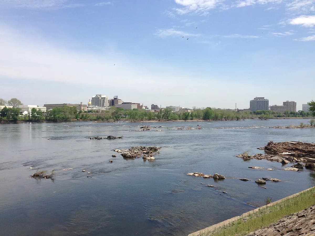 Falls of the Delaware with downtown Trenton skyline in Trenton, New Jersey