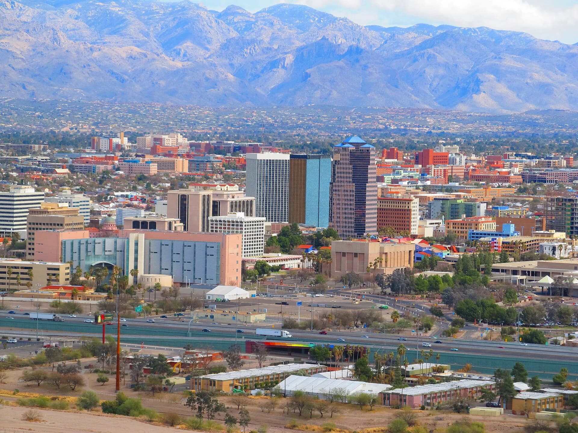 Downtown skyline with Santa Catalina Mountains from Sentinel Peak in Tucson, Arizona