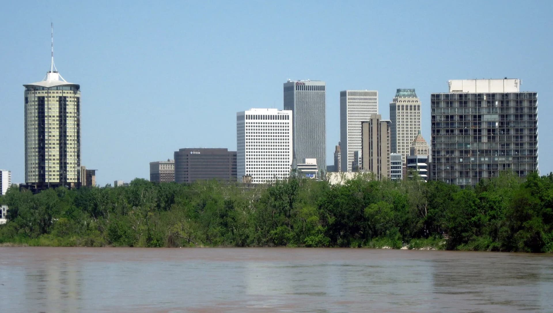 Downtown skyline above the Arkansas River in Tulsa, Oklahoma