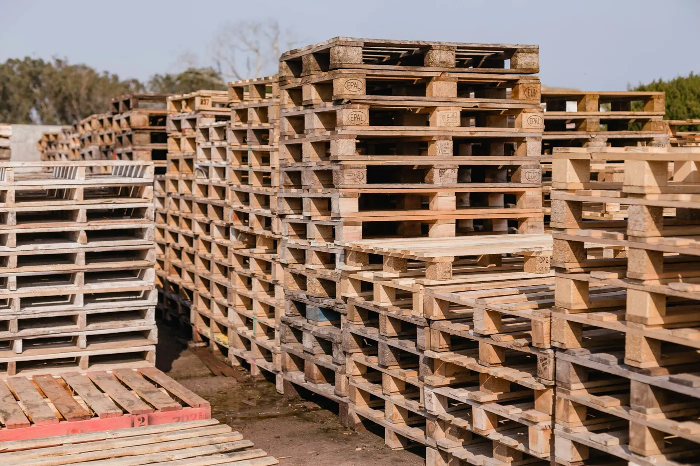 Tall outdoor stacks of wood block pallets