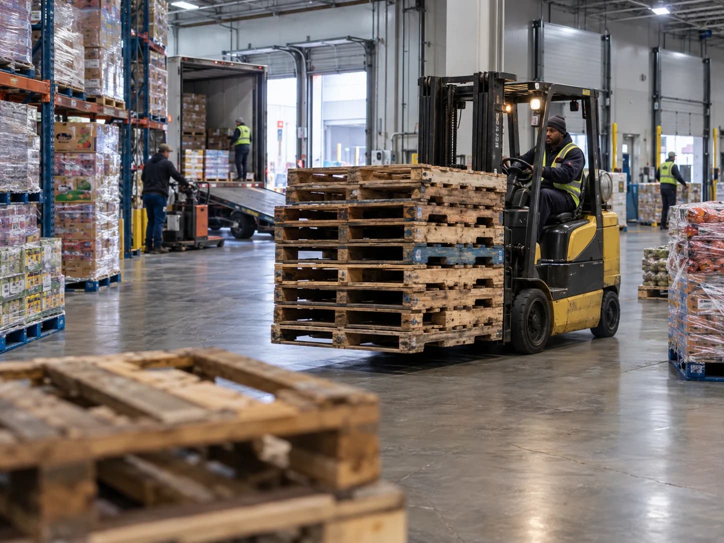 Forklift moving stacks of used wooden pallets through a busy food distribution warehouse.