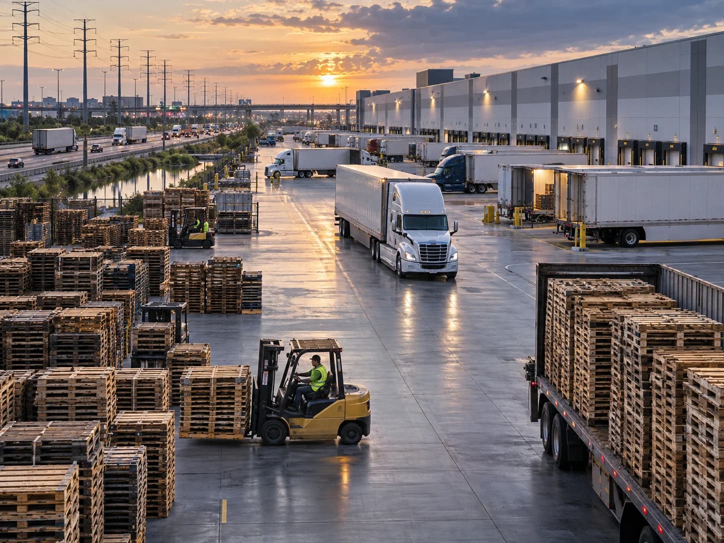 Chicago warehouse corridor with semi-trucks, forklifts, and stacks of wooden pallets prepared for recycling.