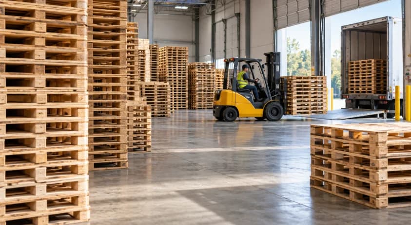 Forklift moving a stack of wood pallets inside a large warehouse with tall pallet stacks and an open loading dock trailer
