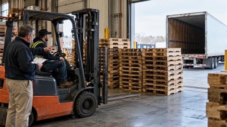 Warehouse team reviewing stacked wood pallets and a drop trailer for pallet recycling