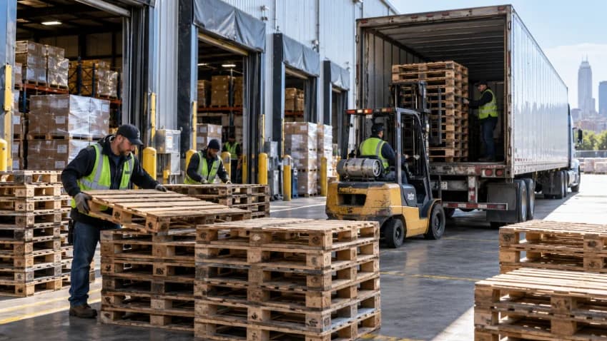 Warehouse workers sorting and loading used wooden pallets into a drop trailer at a busy distribution center.