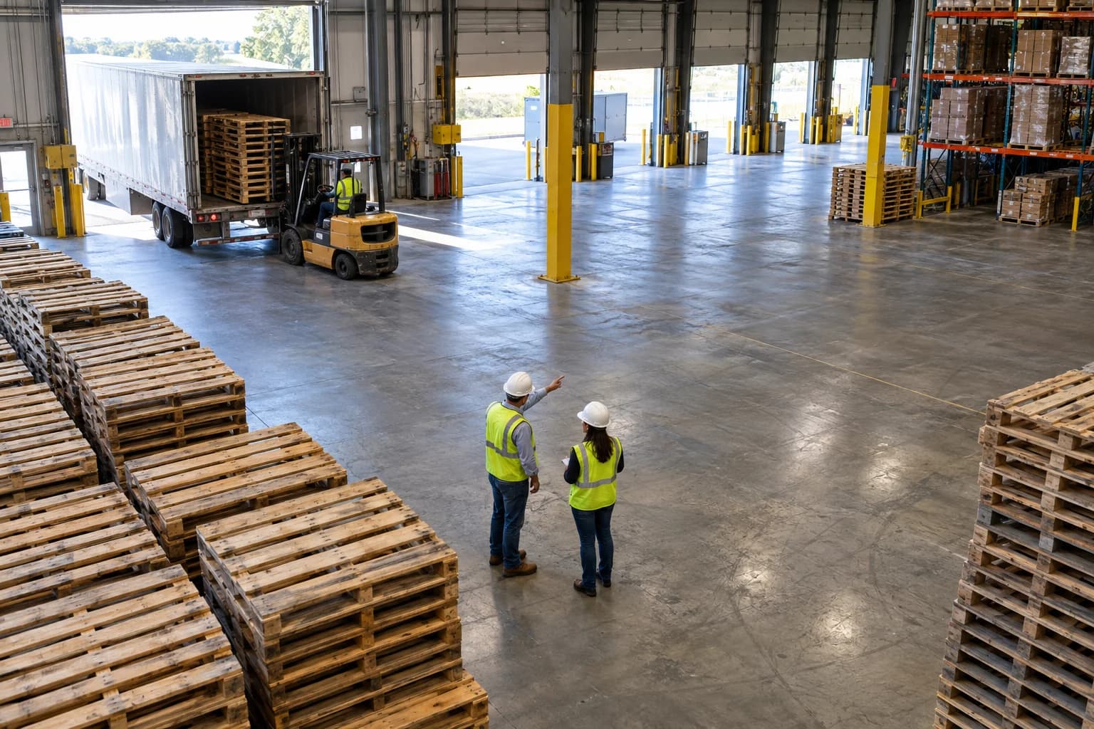 Wooden pallets being loaded into a drop trailer while managers review cleared space inside a Cincinnati warehouse.