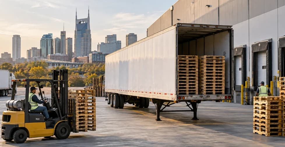 Wooden pallets stacked around a busy Nashville warehouse loading dock with forklifts and trailers handling growing pallet volume